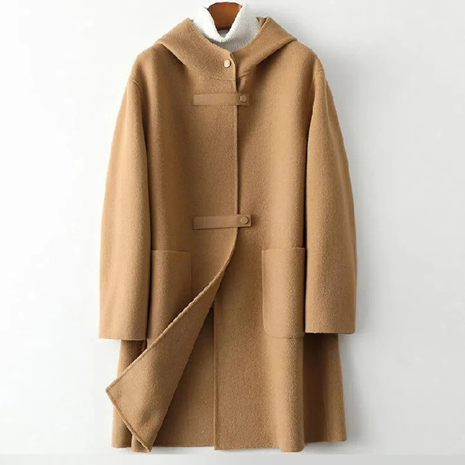 Women Lapel Hooded Pea Coat with Pockets Plus Size Mid Length Duster Coat Anoraks Solid Warm Wool Trench Coat Outwear