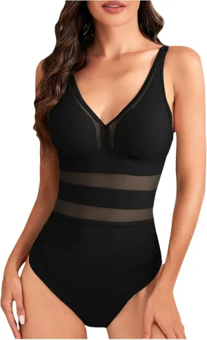 Women Mesh Backless Sexy One Piece Swimsuit Deep V Bodycon Slimming Swimwear Tummy Control Cheeky Bathing Suits