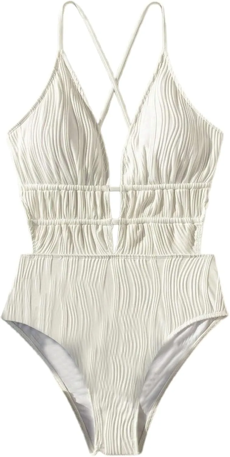 Women One Piece Swimsuit Plunging Neck Cutout Bathing Suit Textured Ruched Crisscross Back Swimwear High Cut Monokini
