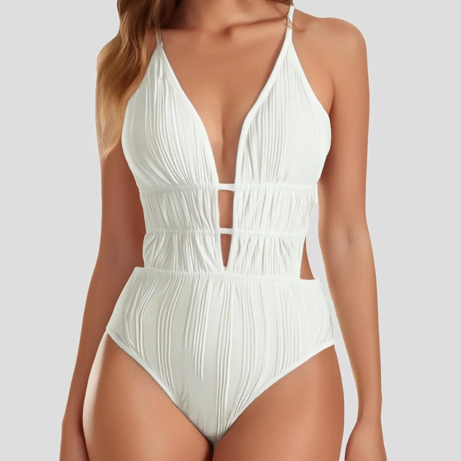 Women One Piece Swimsuit Plunging Neck Cutout Bathing Suit Textured Ruched Crisscross Back Swimwear High Cut Monokini