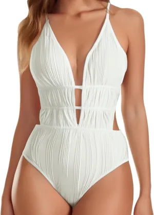 Women One Piece Swimsuit Plunging Neck Cutout Bathing Suit Textured Ruched Crisscross Back Swimwear High Cut Monokini