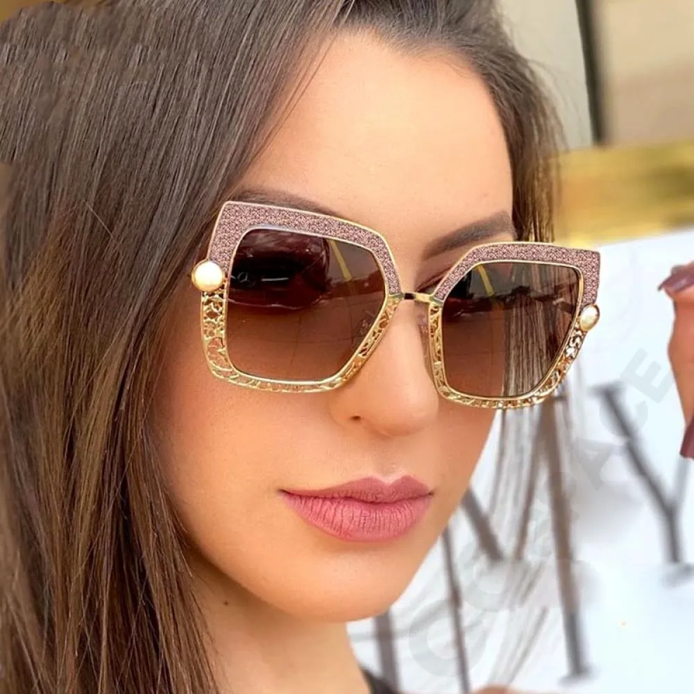 Women Sunglasses Pearl Hollow Shades Uv400 Vintage Cat Eye Glasses