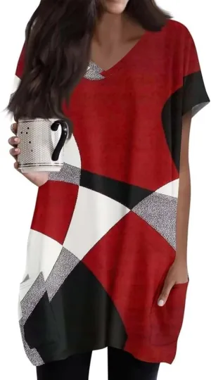 Women Tops V Neck Summer Fashion Clothing Cute Geometric Print Petite Short Sleeve Blouse