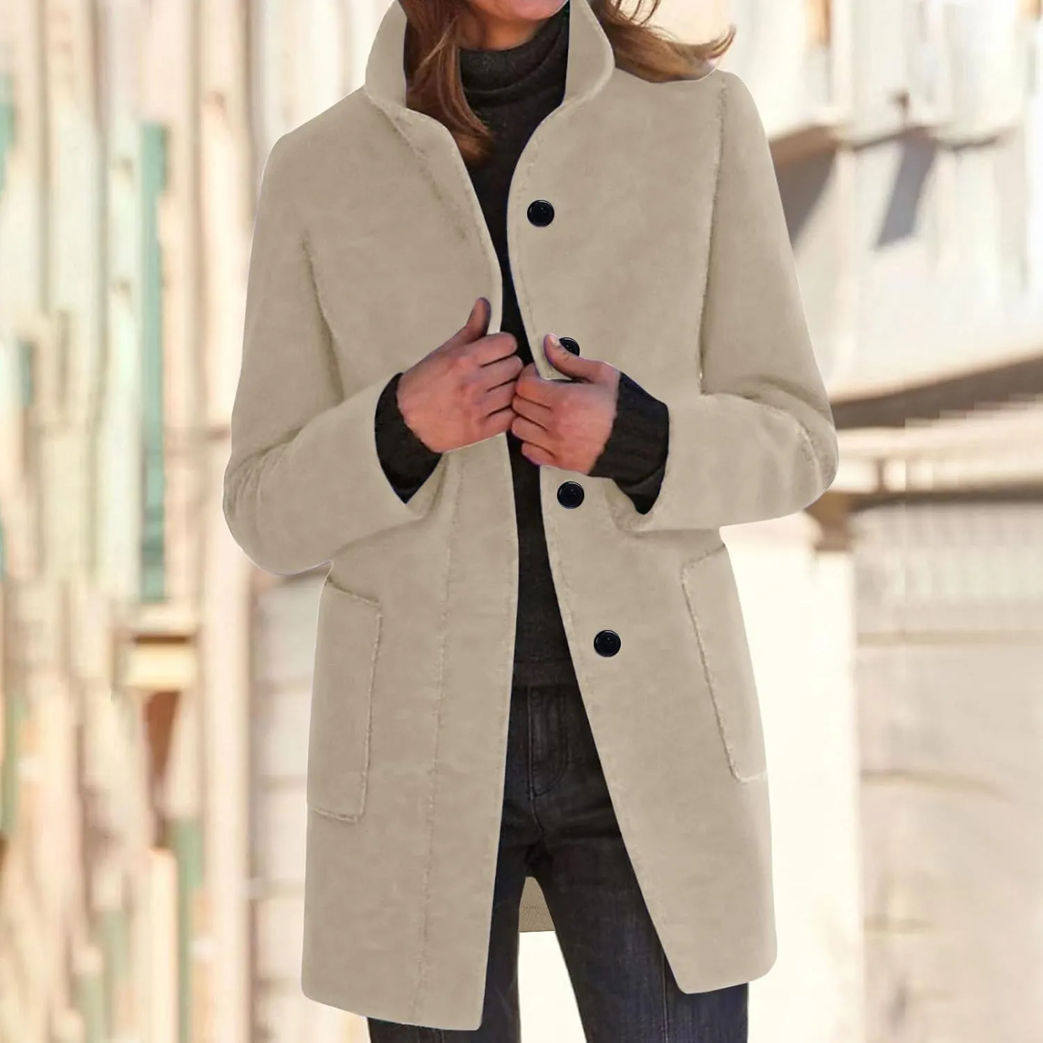 Women Trench Coat Casual Single Breasted Midi Peacoat Trench Coats Fall Winter Wool Coats with Pockets