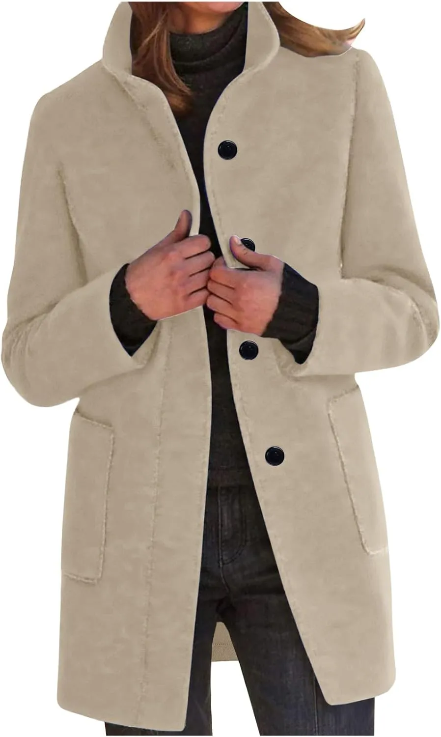 Women Trench Coat Casual Single Breasted Midi Peacoat Trench Coats Fall Winter Wool Coats with Pockets
