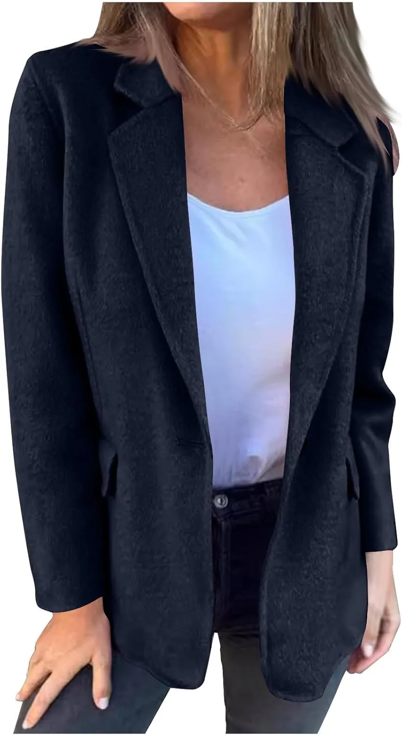 Women Wool Blend Blazer Jacket Causal Business Office Open Front Lapel Jacket Long Sleeve Pea Coat with Pockets
