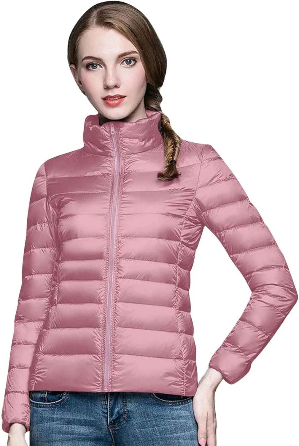 Women's 2024 Packable Puffer Jacket Lightweight Duck Down Short Quilted Down Stand Collar Slim Fit Warm Puffer Coat