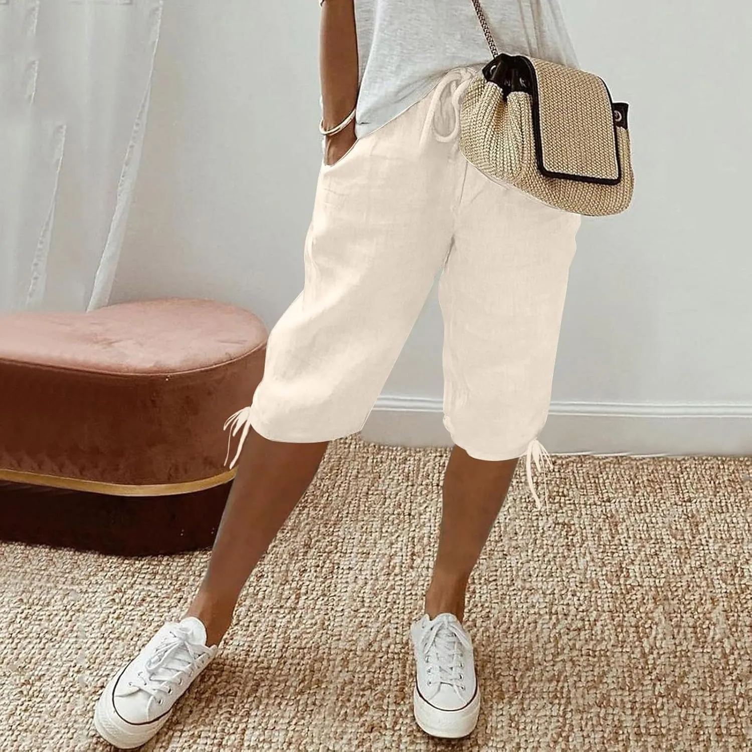 Women's Bermuda Shorts Long Comfy Drawstring Shorts Knee Length Walking Shorts for Women with Deep Pockets