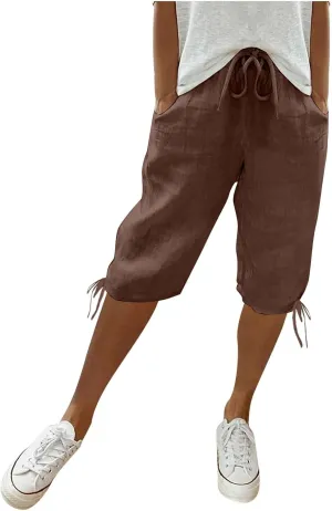 Women's Bermuda Shorts Long Comfy Drawstring Shorts Knee Length Walking Shorts for Women with Deep Pockets