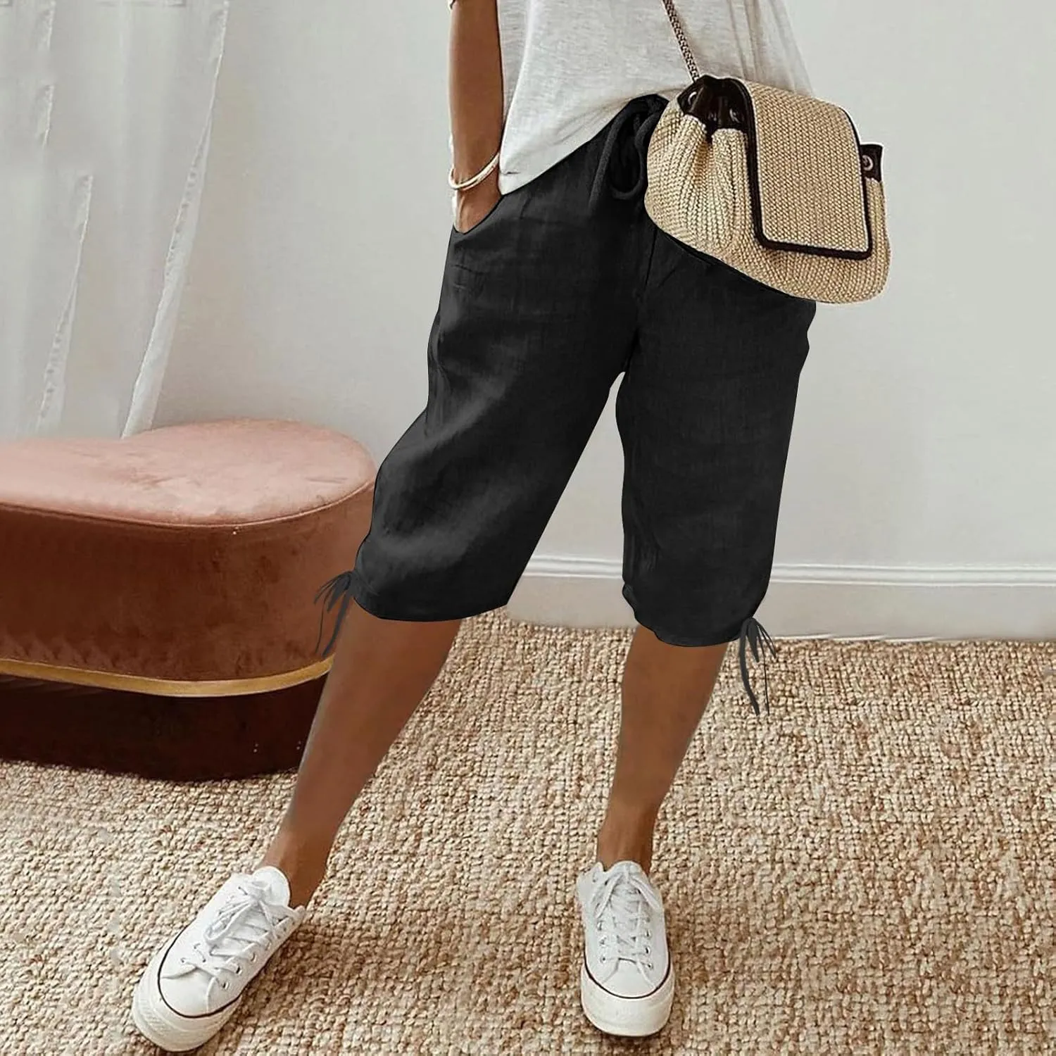 Women's Bermuda Shorts Long Comfy Drawstring Shorts Knee Length Walking Shorts for Women with Deep Pockets