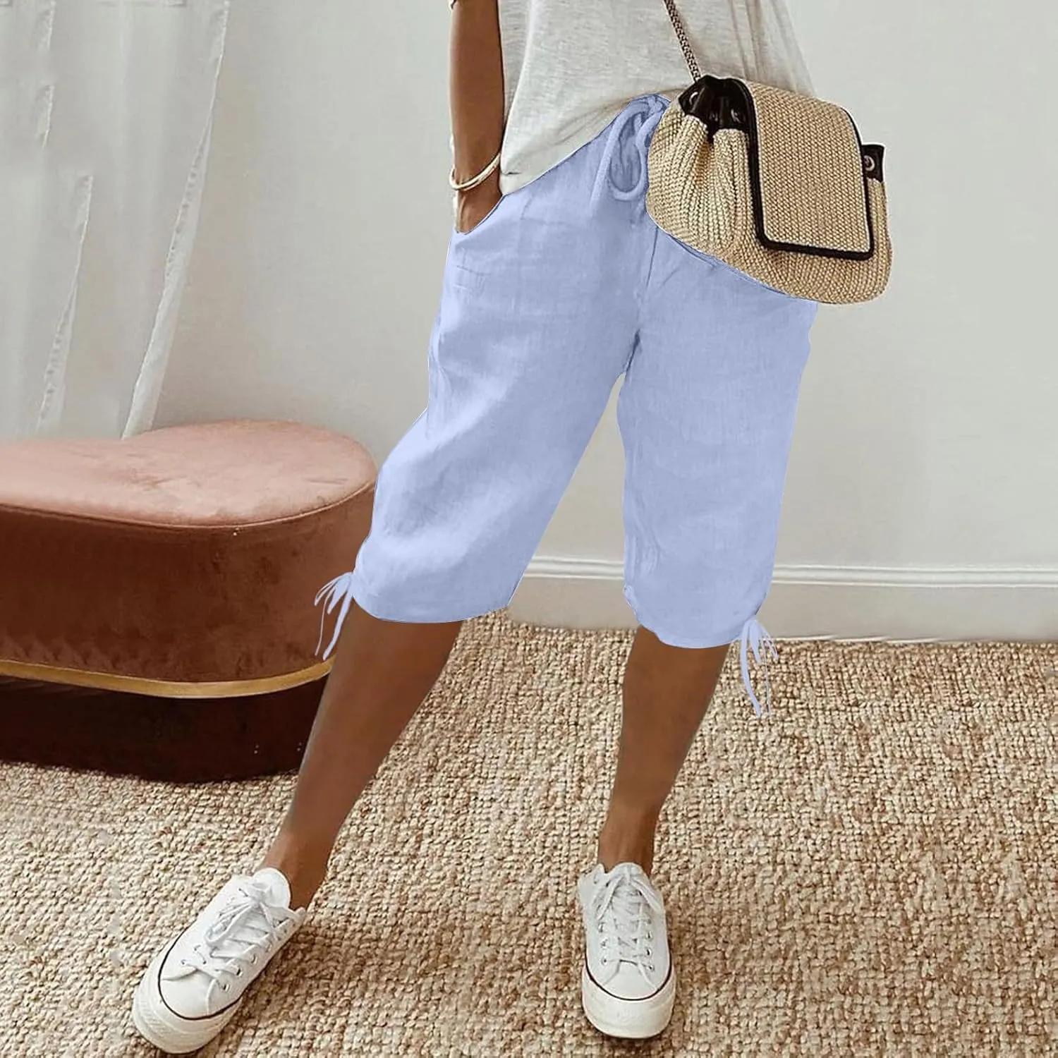 Women's Bermuda Shorts Long Comfy Drawstring Shorts Knee Length Walking Shorts for Women with Deep Pockets