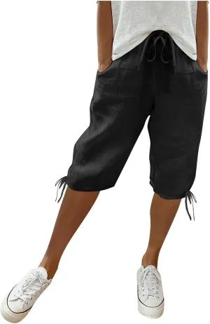 Women's Bermuda Shorts Long Comfy Drawstring Shorts Knee Length Walking Shorts for Women with Deep Pockets