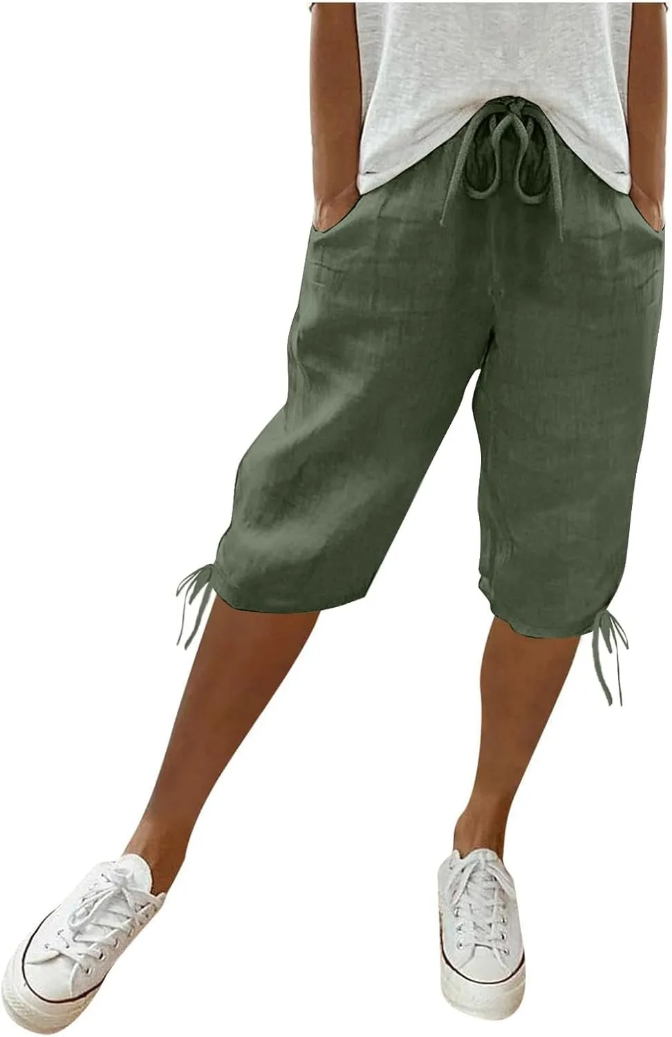 Women's Bermuda Shorts Long Comfy Drawstring Shorts Knee Length Walking Shorts for Women with Deep Pockets