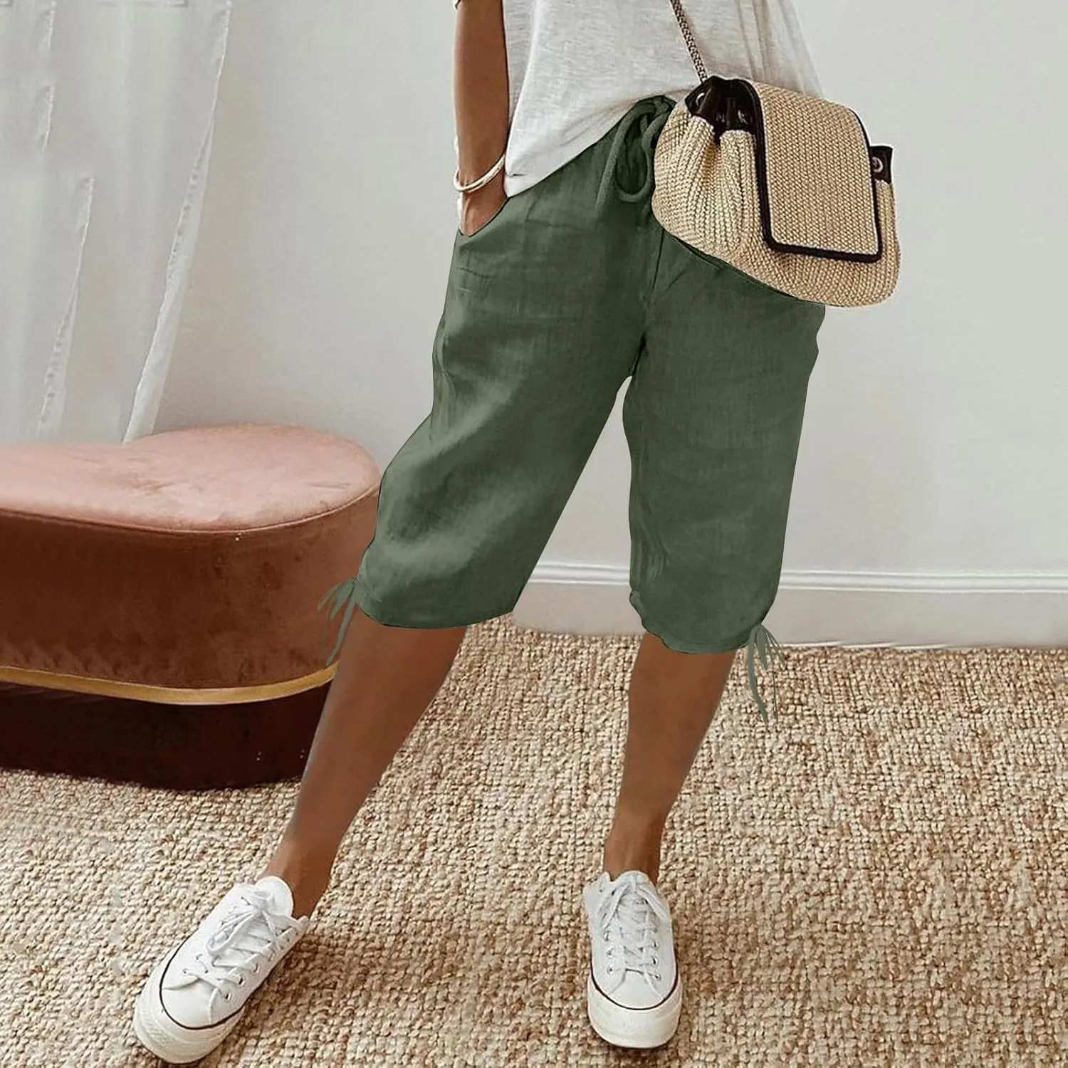 Women's Bermuda Shorts Long Comfy Drawstring Shorts Knee Length Walking Shorts for Women with Deep Pockets