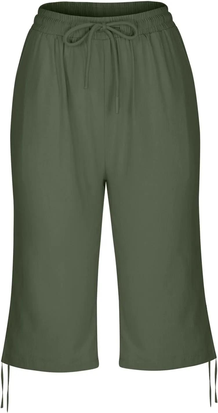 Women's Bermuda Shorts Long Comfy Drawstring Shorts Knee Length Walking Shorts for Women with Deep Pockets
