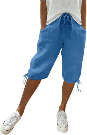 Women's Bermuda Shorts Long Comfy Drawstring Shorts Knee Length Walking Shorts for Women with Deep Pockets