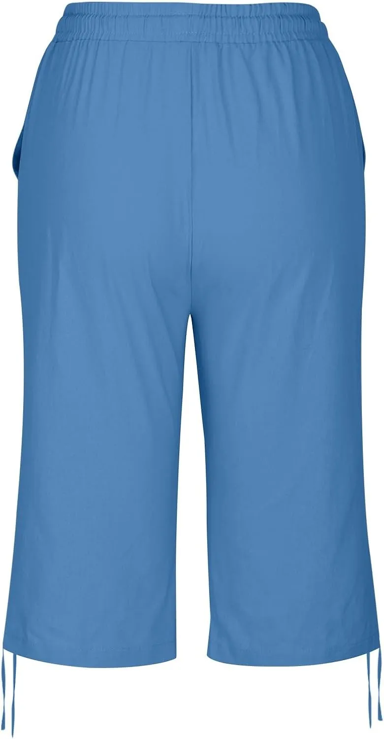 Women's Bermuda Shorts Long Comfy Drawstring Shorts Knee Length Walking Shorts for Women with Deep Pockets
