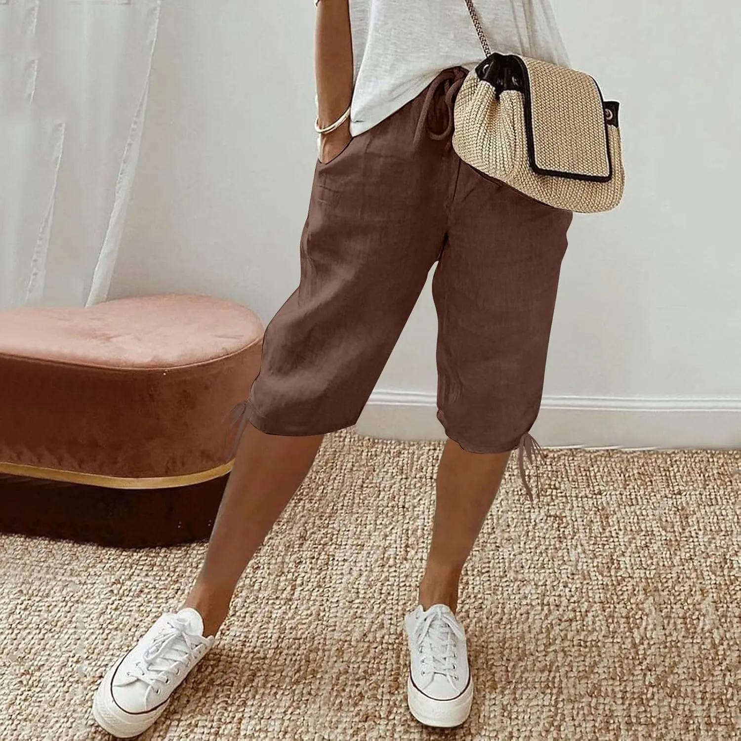 Women's Bermuda Shorts Long Comfy Drawstring Shorts Knee Length Walking Shorts for Women with Deep Pockets