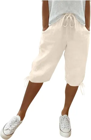 Women's Bermuda Shorts Long Comfy Drawstring Shorts Knee Length Walking Shorts for Women with Deep Pockets