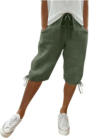 Women's Bermuda Shorts Long Comfy Drawstring Shorts Knee Length Walking Shorts for Women with Deep Pockets
