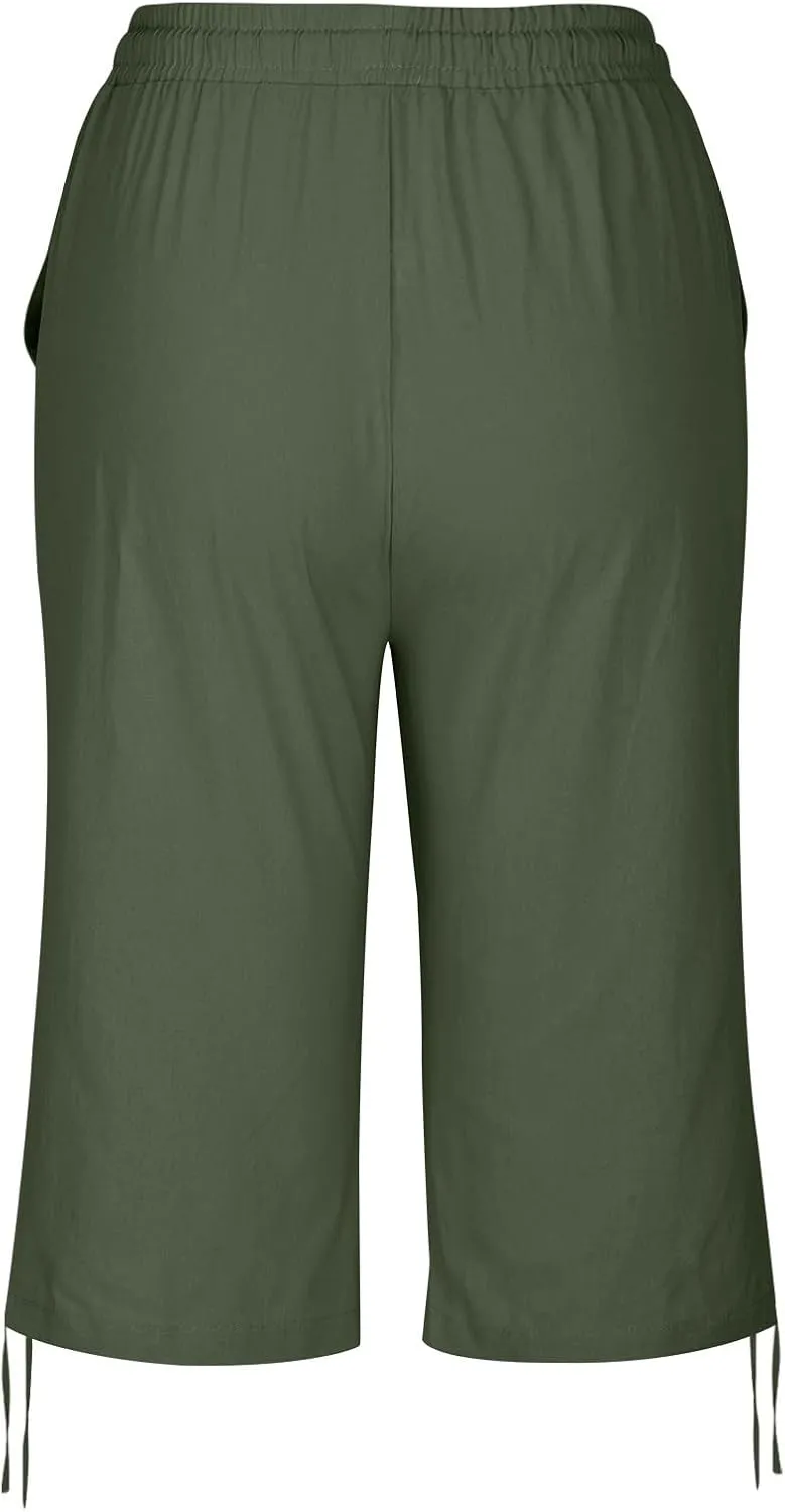 Women's Bermuda Shorts Long Comfy Drawstring Shorts Knee Length Walking Shorts for Women with Deep Pockets