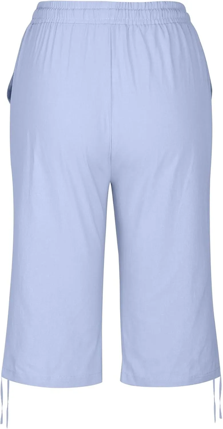 Women's Bermuda Shorts Long Comfy Drawstring Shorts Knee Length Walking Shorts for Women with Deep Pockets