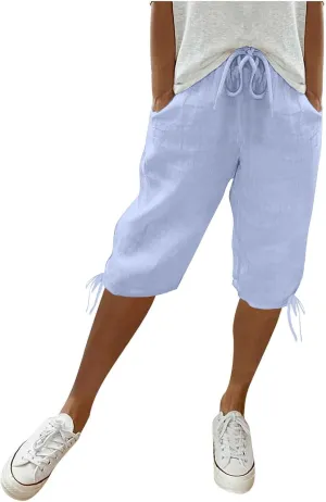 Women's Bermuda Shorts Long Comfy Drawstring Shorts Knee Length Walking Shorts for Women with Deep Pockets