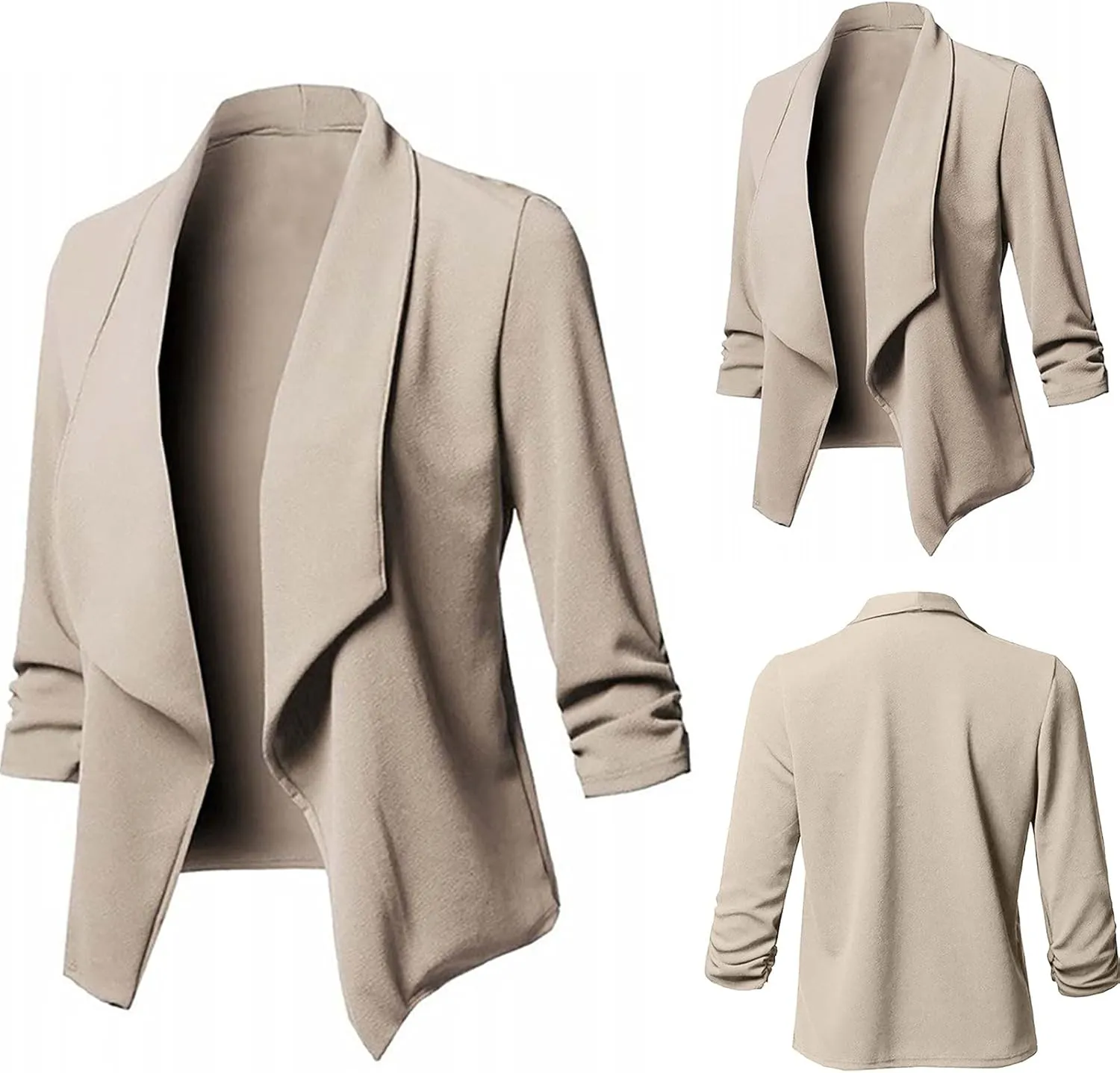 Womens Blazer Stretch 3/4 Gathered Sleeve Open Front Blazer Jackets Casual Lightweight Thin Work Office Blazers