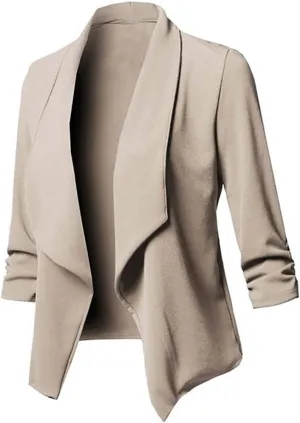 Womens Blazer Stretch 3/4 Gathered Sleeve Open Front Blazer Jackets Casual Lightweight Thin Work Office Blazers