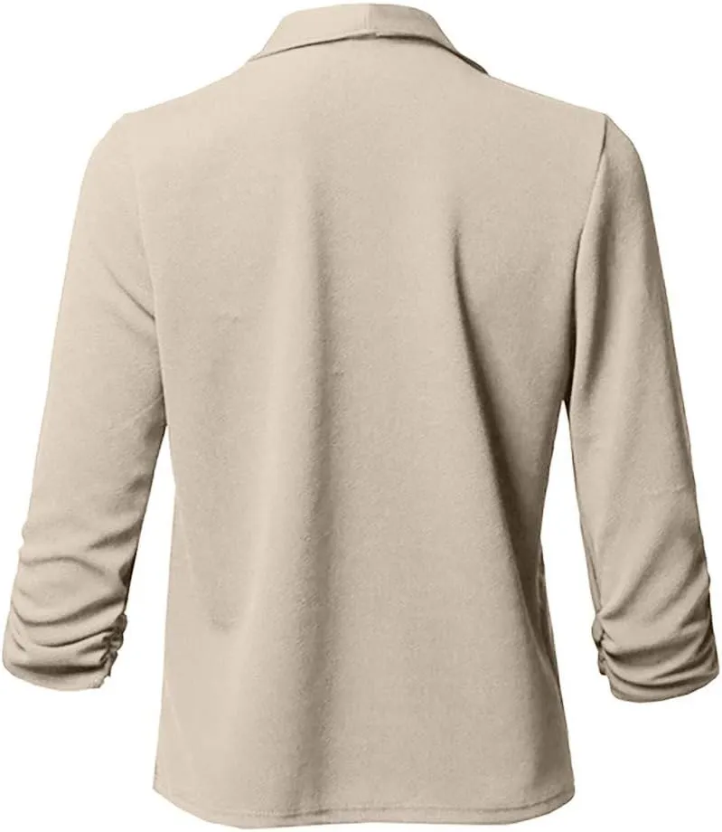Womens Blazer Stretch 3/4 Gathered Sleeve Open Front Blazer Jackets Casual Lightweight Thin Work Office Blazers
