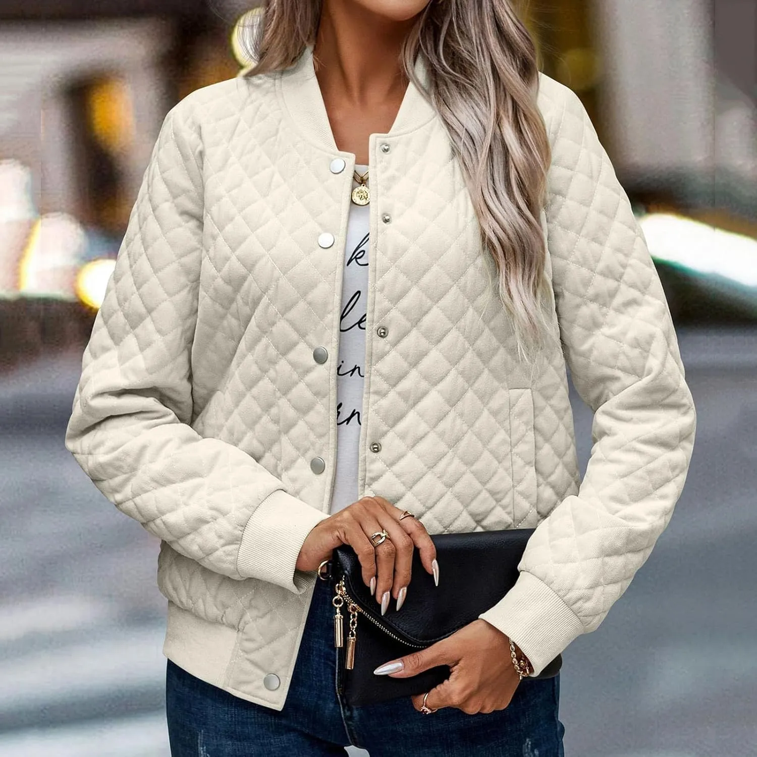 Women's Bomber Jacket 2024 Winter Trendy Coats Casual Baseball Coat Button Up Outerwear Lightweight Windbreaker Pockets