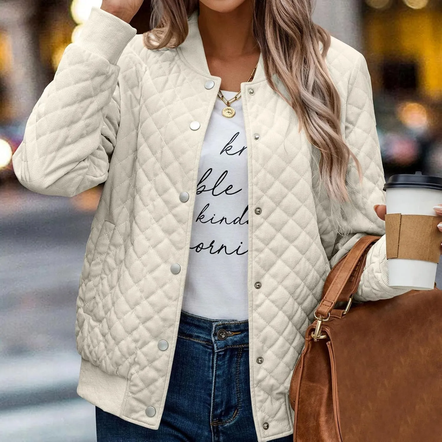 Women's Bomber Jacket 2024 Winter Trendy Coats Casual Baseball Coat Button Up Outerwear Lightweight Windbreaker Pockets