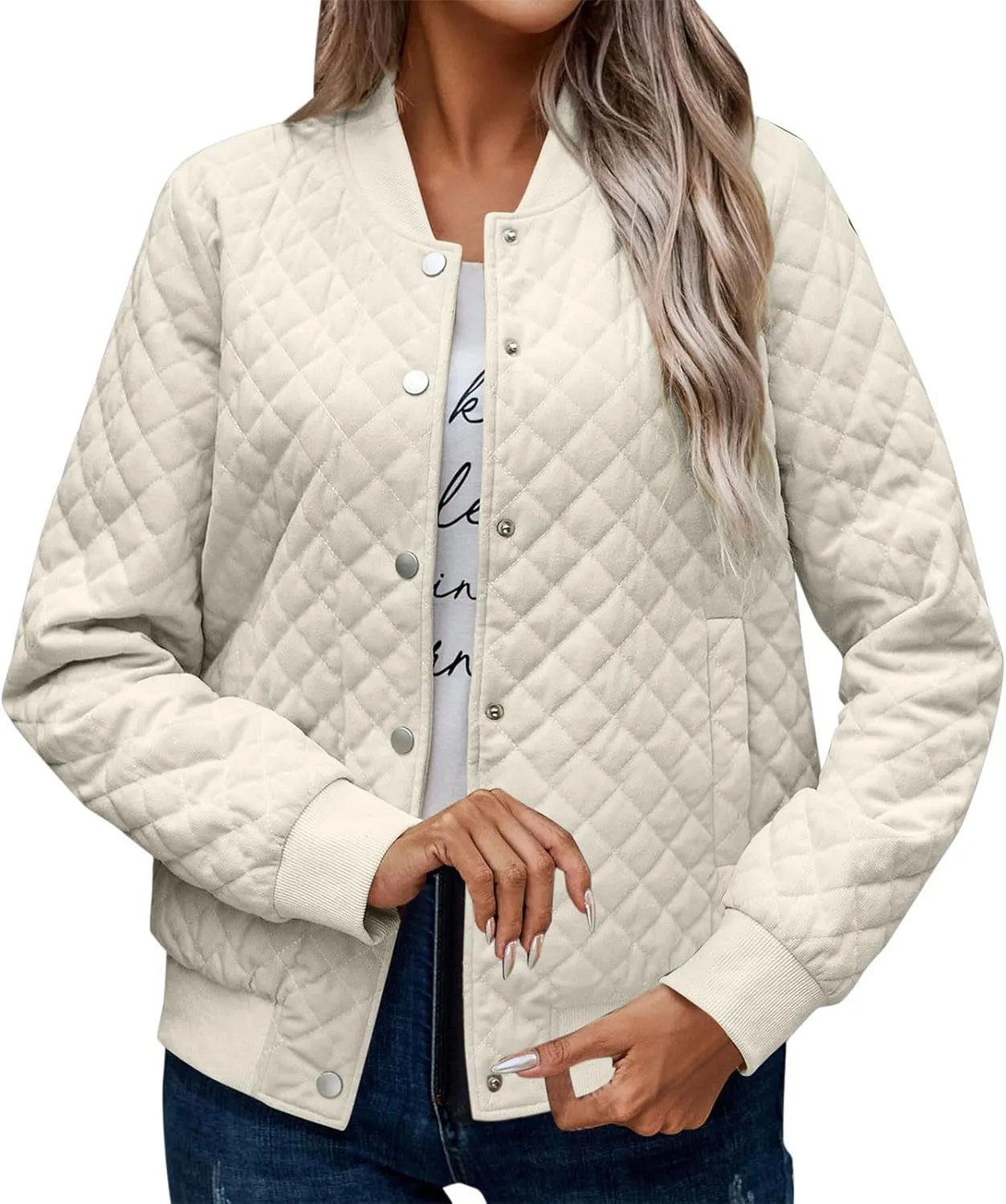 Women's Bomber Jacket 2024 Winter Trendy Coats Casual Baseball Coat Button Up Outerwear Lightweight Windbreaker Pockets