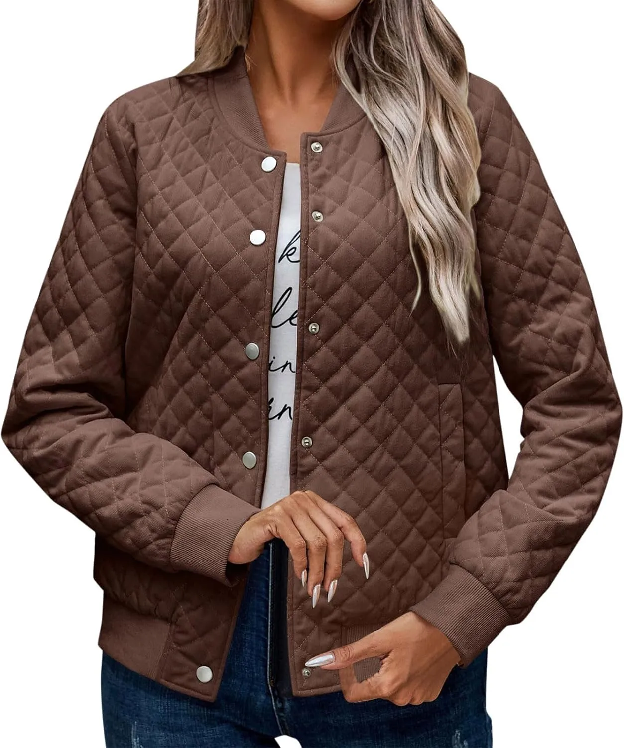 Women's Bomber Jacket 2024 Winter Trendy Coats Casual Baseball Coat Button Up Outerwear Lightweight Windbreaker Pockets