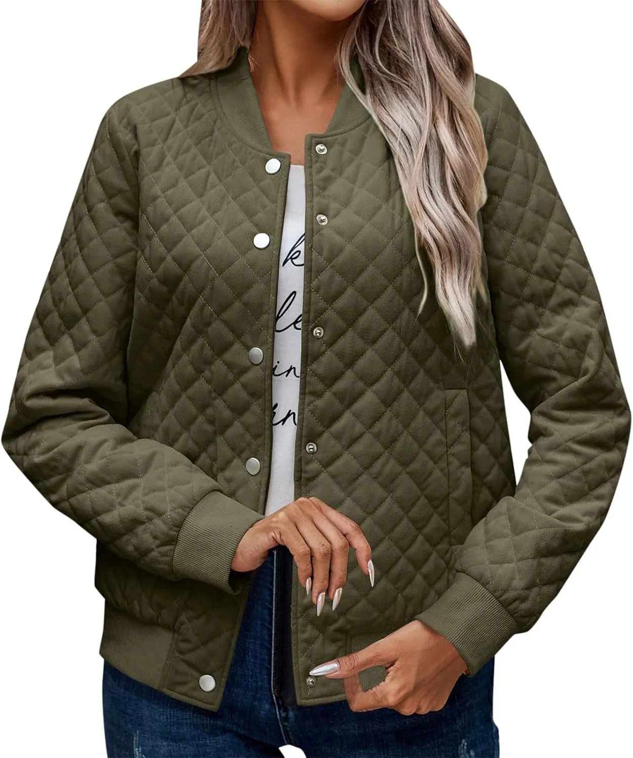 Women's Bomber Jacket 2024 Winter Trendy Coats Casual Baseball Coat Button Up Outerwear Lightweight Windbreaker Pockets