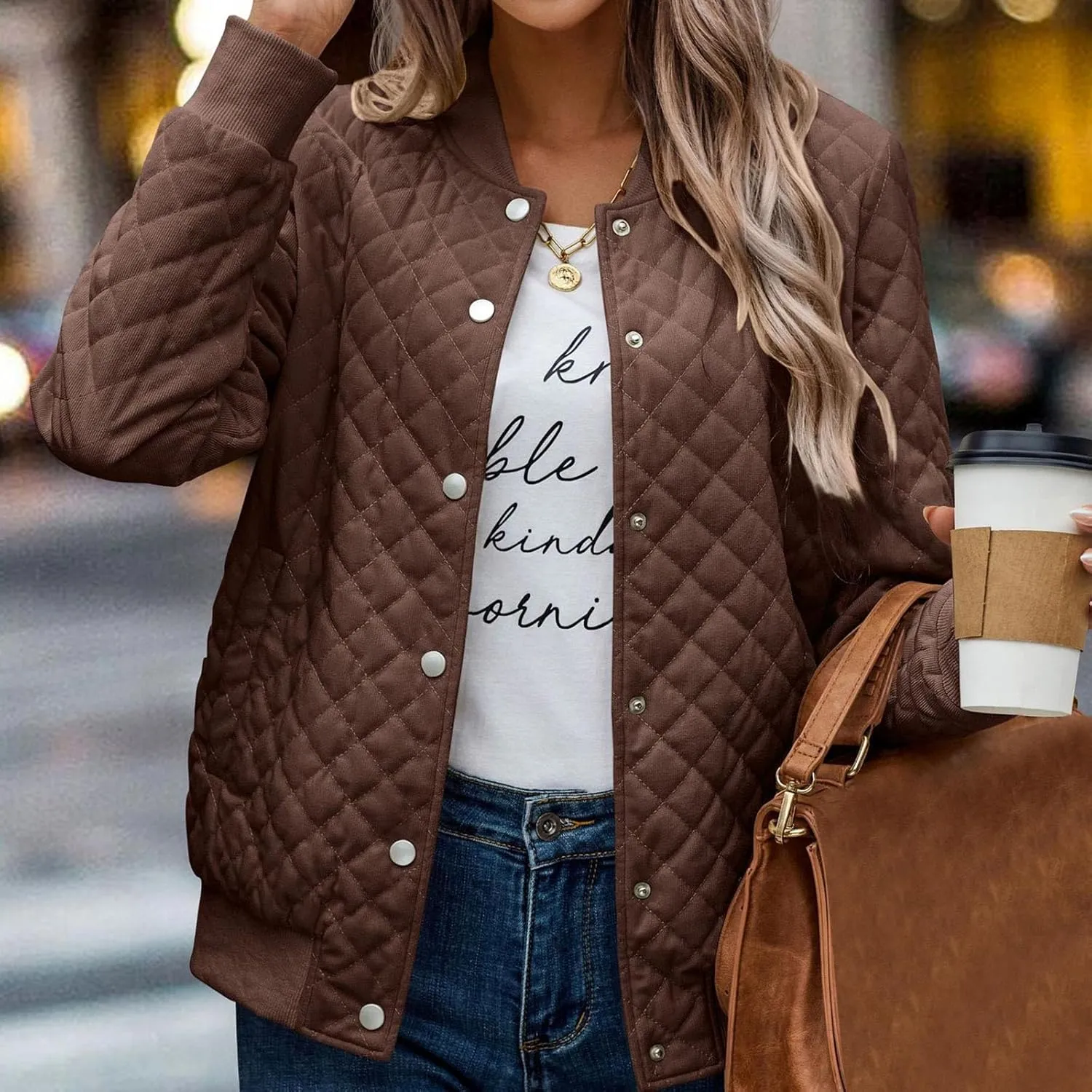 Women's Bomber Jacket 2024 Winter Trendy Coats Casual Baseball Coat Button Up Outerwear Lightweight Windbreaker Pockets