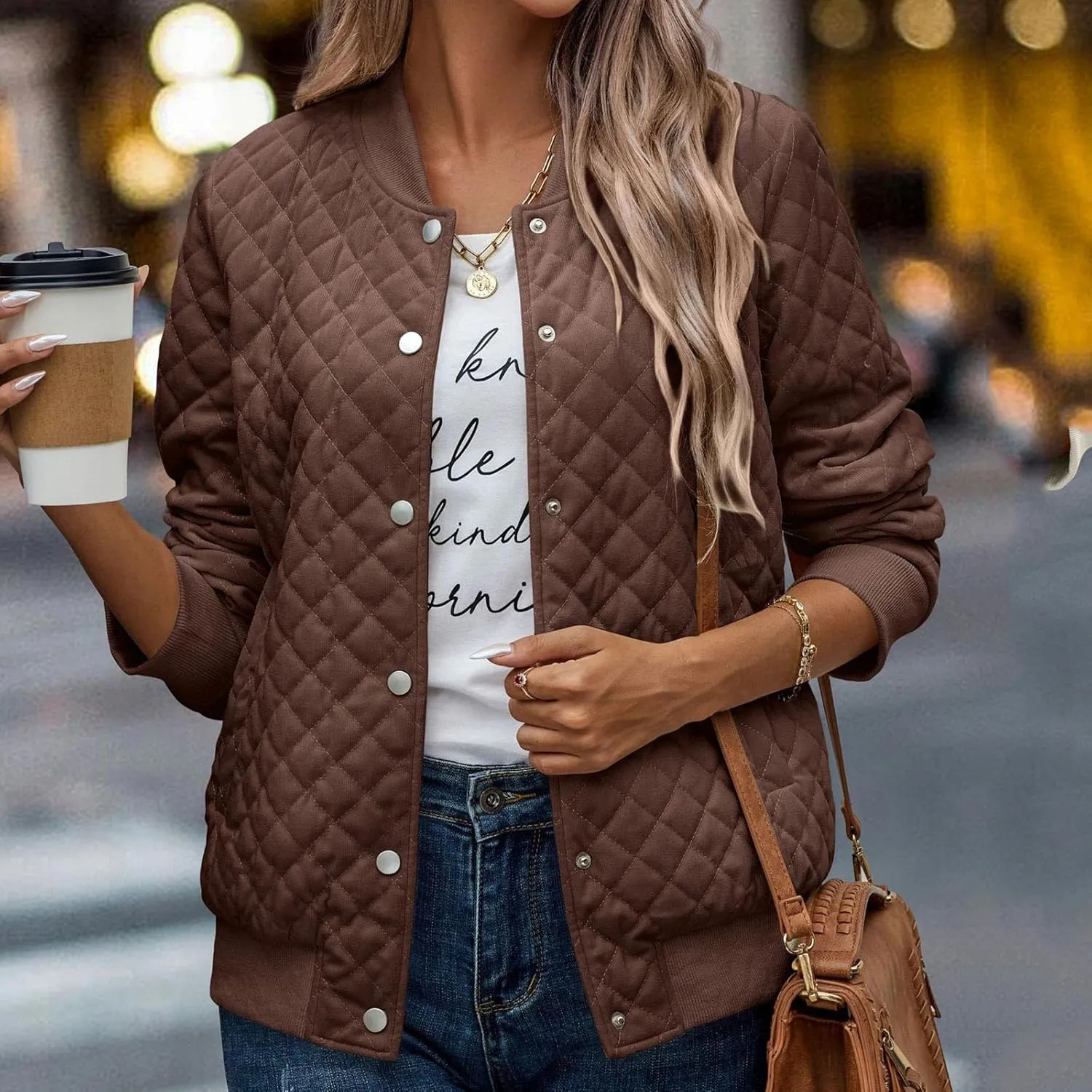 Women's Bomber Jacket 2024 Winter Trendy Coats Casual Baseball Coat Button Up Outerwear Lightweight Windbreaker Pockets