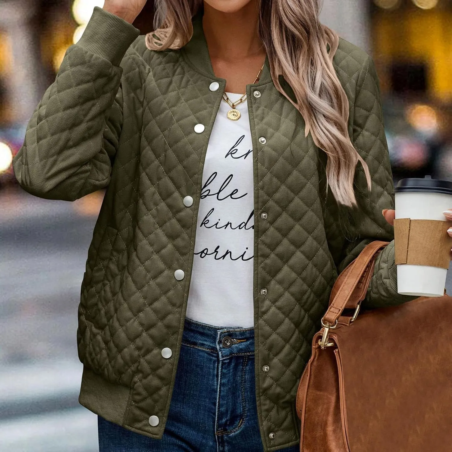Women's Bomber Jacket 2024 Winter Trendy Coats Casual Baseball Coat Button Up Outerwear Lightweight Windbreaker Pockets