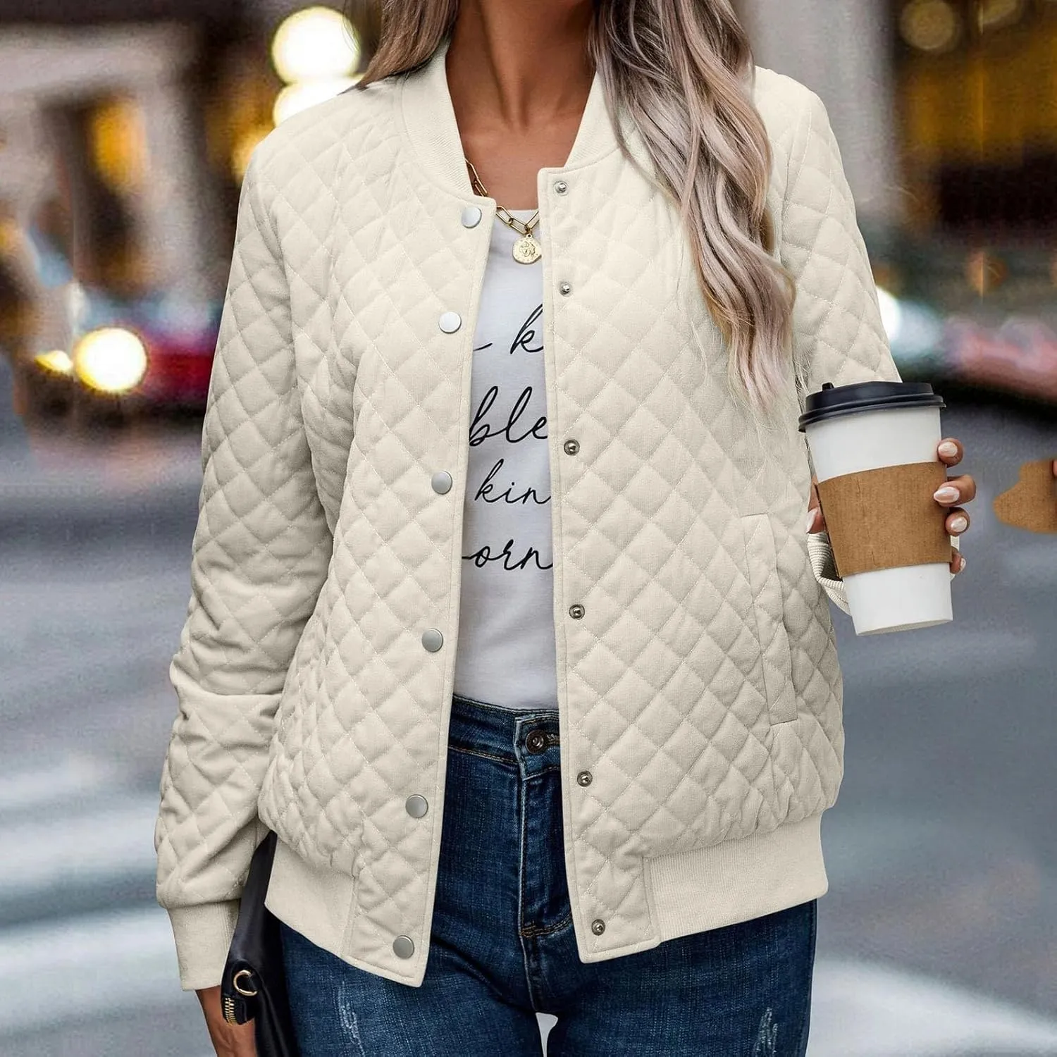 Women's Bomber Jacket 2024 Winter Trendy Coats Casual Baseball Coat Button Up Outerwear Lightweight Windbreaker Pockets