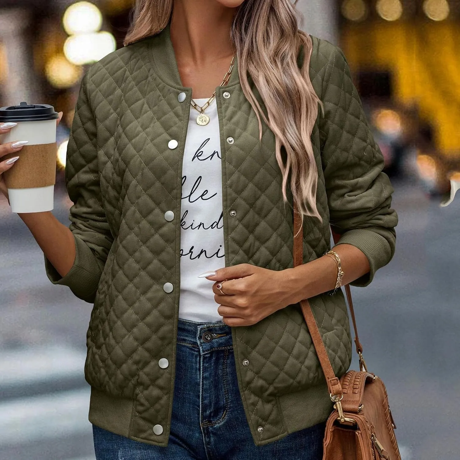 Women's Bomber Jacket 2024 Winter Trendy Coats Casual Baseball Coat Button Up Outerwear Lightweight Windbreaker Pockets