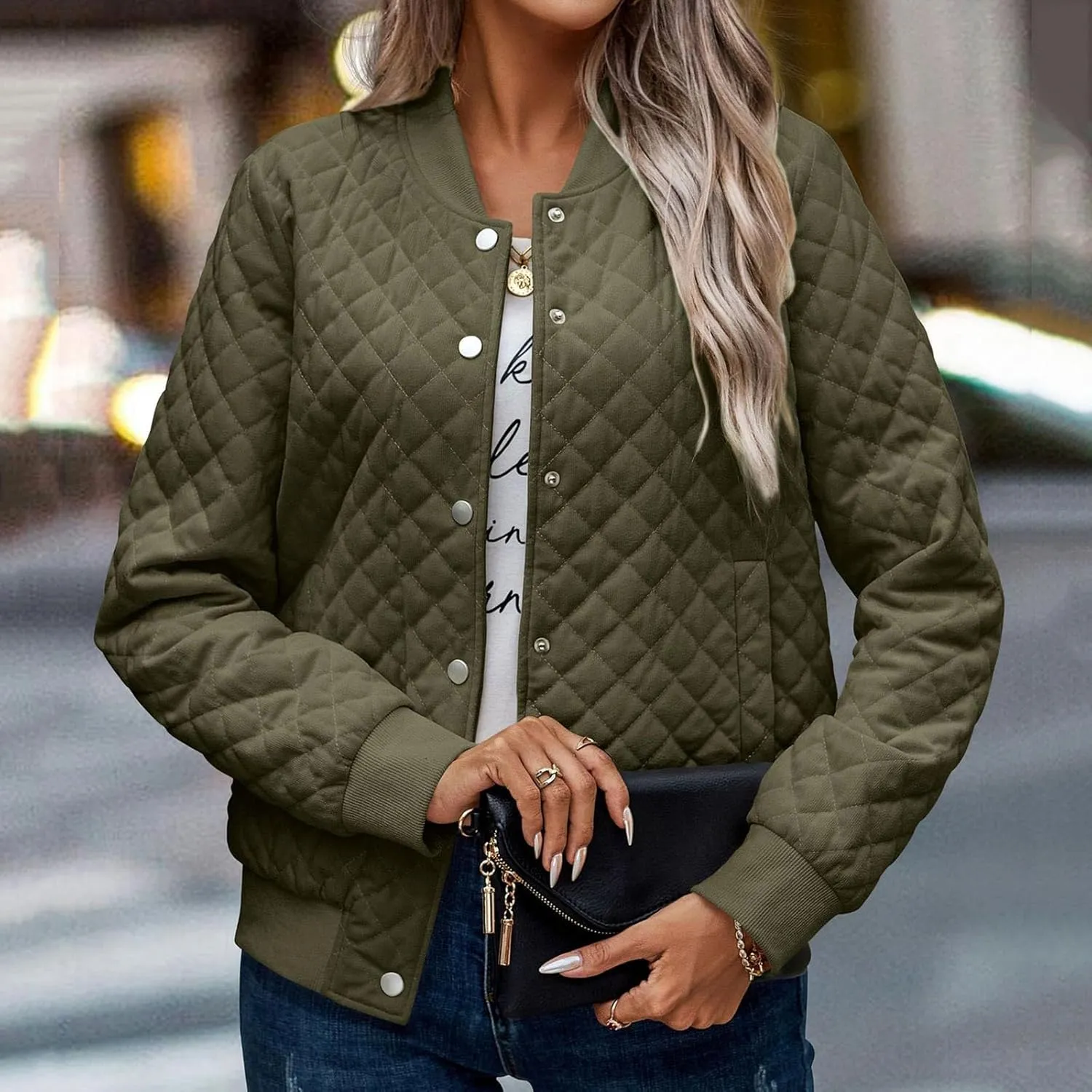 Women's Bomber Jacket 2024 Winter Trendy Coats Casual Baseball Coat Button Up Outerwear Lightweight Windbreaker Pockets
