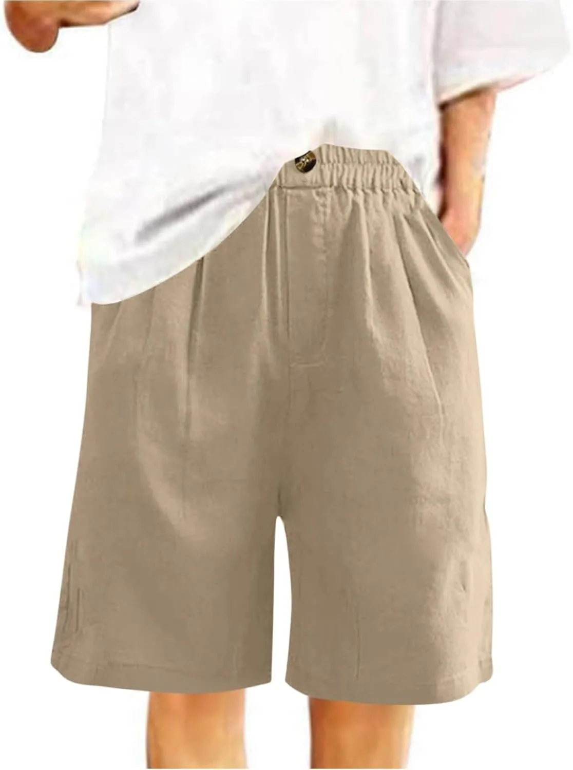 Women's Casual Cotton Linen Bermuda Shorts Elastic Waist Knee Length Shorts Summer Beach Shorts with Pockets