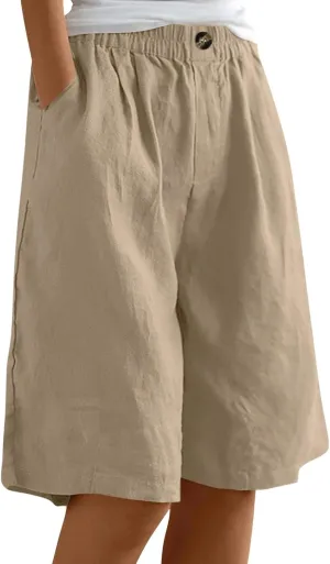 Women's Casual Cotton Linen Bermuda Shorts Elastic Waist Knee Length Shorts Summer Beach Shorts with Pockets