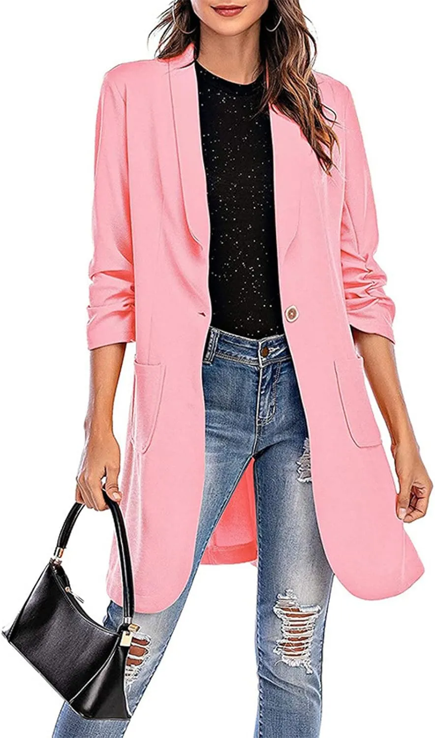 Women's Casual Long Blazers Ruched 3/4 Sleeve Lapel Oversized Suit Jacket Elegant Work Office Blazer Jackets