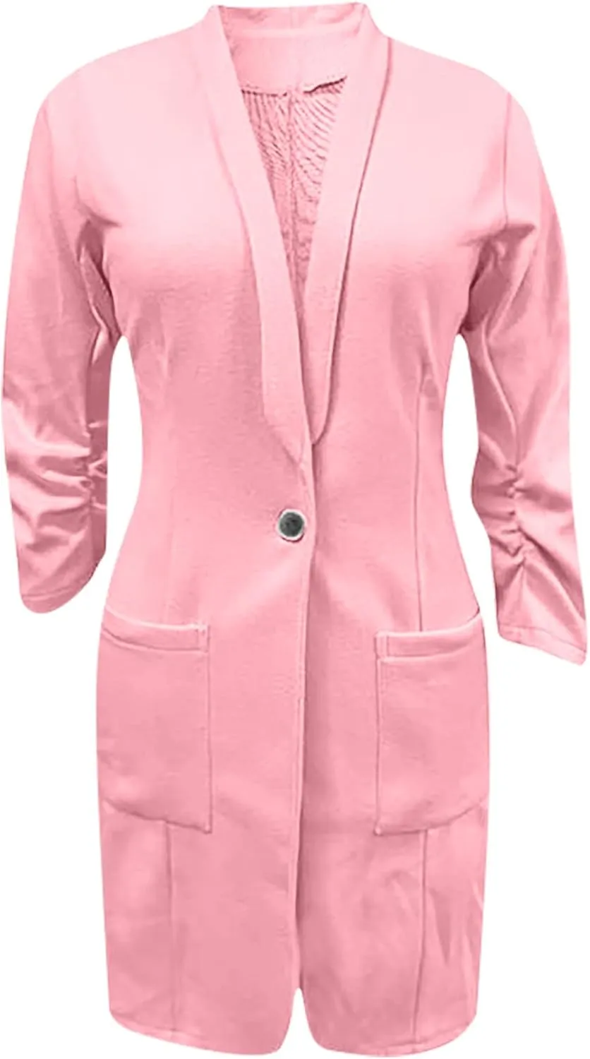 Women's Casual Long Blazers Ruched 3/4 Sleeve Lapel Oversized Suit Jacket Elegant Work Office Blazer Jackets