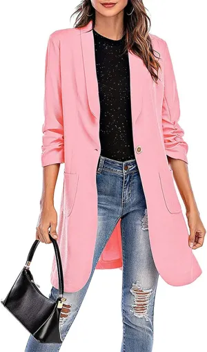 Women's Casual Long Blazers Ruched 3/4 Sleeve Lapel Oversized Suit Jacket Elegant Work Office Blazer Jackets