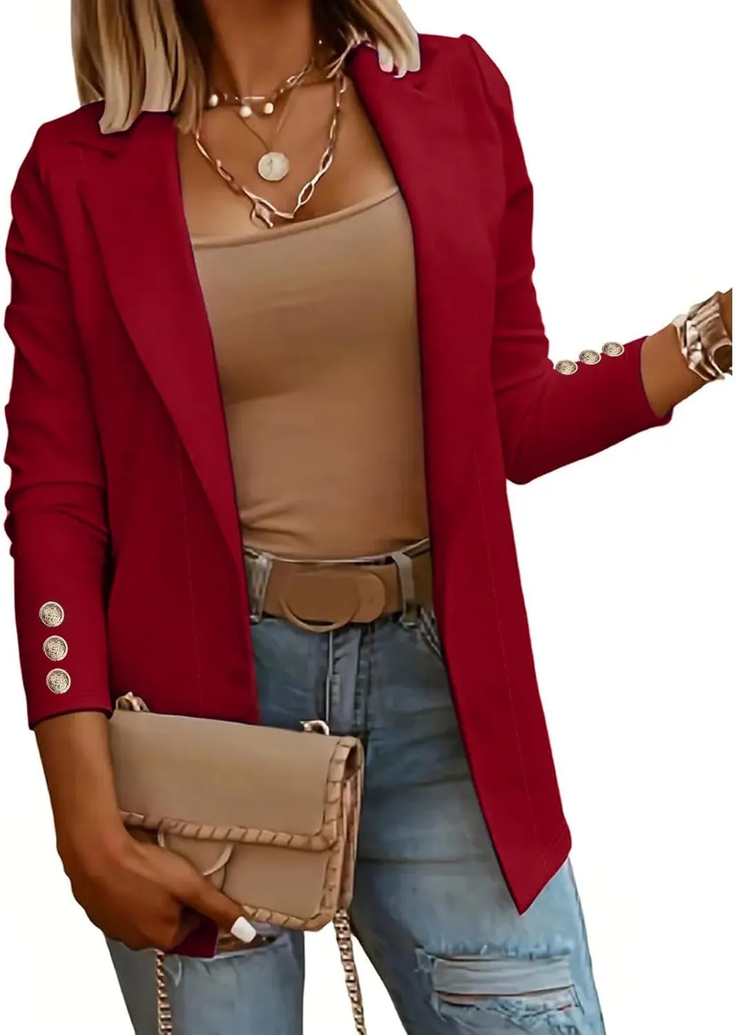 Womens Casual Long Sleeve Blazer Open Front Solid Color Work Office Blazer Jackets Lightweight Stretch Lapel Jackets