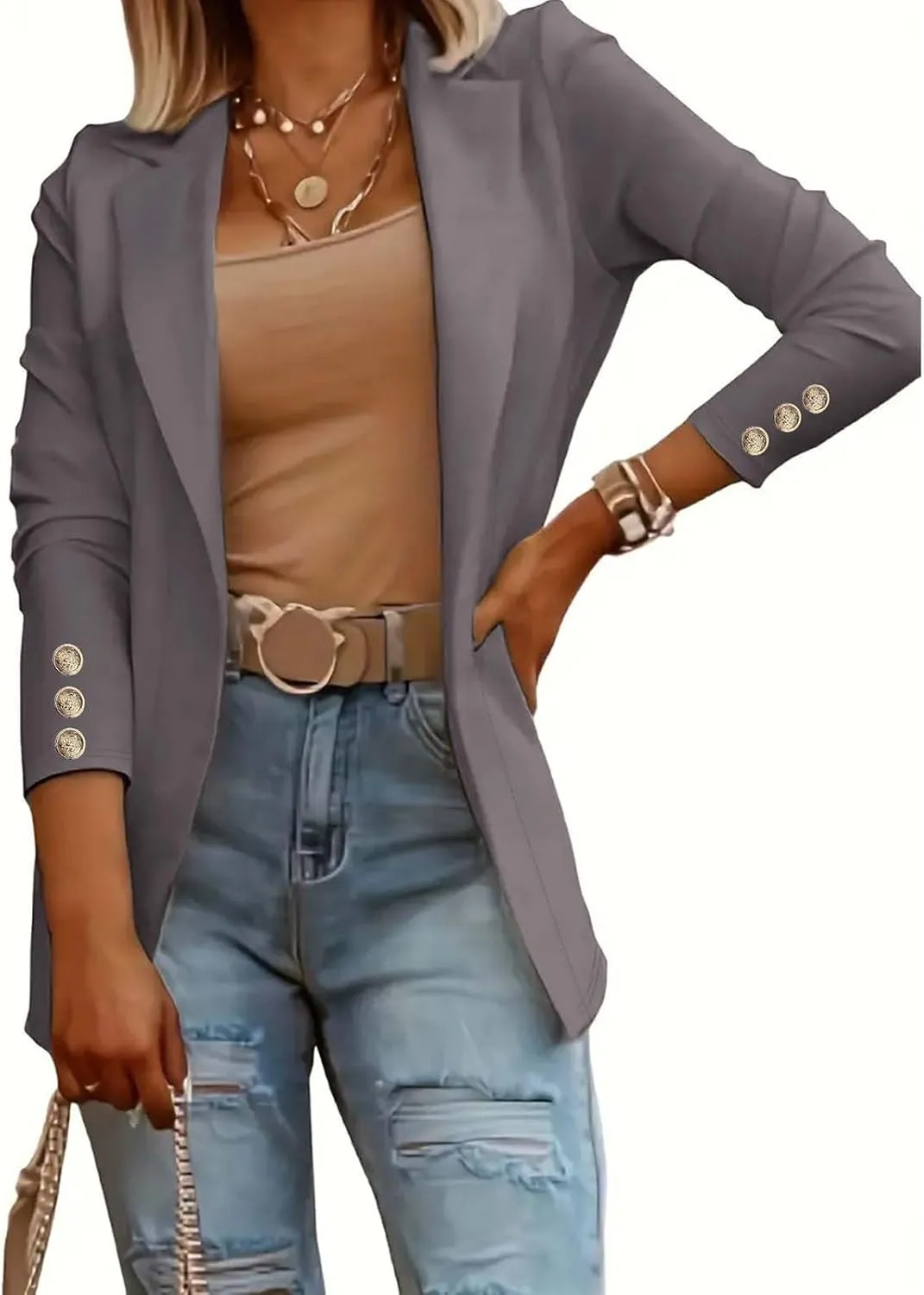 Womens Casual Long Sleeve Blazer Open Front Solid Color Work Office Blazer Jackets Lightweight Stretch Lapel Jackets