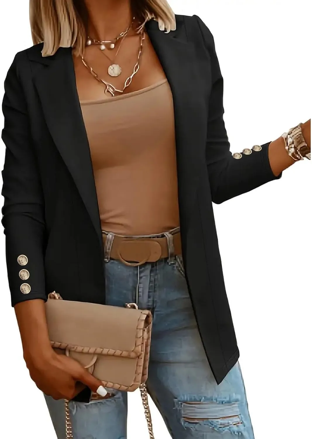 Womens Casual Long Sleeve Blazer Open Front Solid Color Work Office Blazer Jackets Lightweight Stretch Lapel Jackets