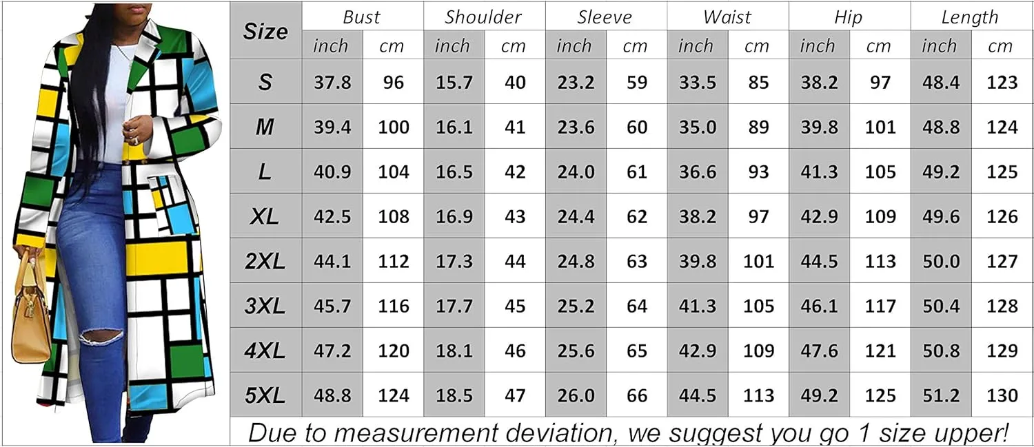 Women's Colored Geo Turn Down Collar Trench Coat Colorful Outerwear Cardigan Long Blazer Jacket